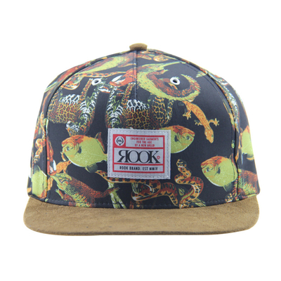 Camp d'impression personnalisé Snapback 5 Cap de panneau avec visière en suède / sangle en cuir