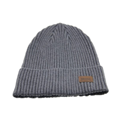 Chapeau à bonnet gris tricoté et menotté avec logo en cuir