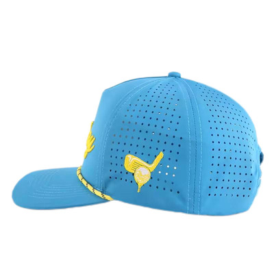 Casquettes de baseball en plein air brodées en 3D avec des bandes tissées sur le devant et des trous laser à l'arrière
