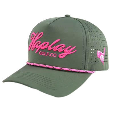 Casquettes de baseball en plein air brodées en 3D avec des bandes tissées sur le devant et des trous laser à l'arrière