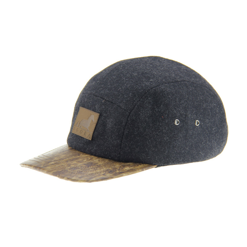 Bamboo PU Laine Camping Baseball Cap 5 Panneau Snapback Chapeau Avec Logo en cuir gravé