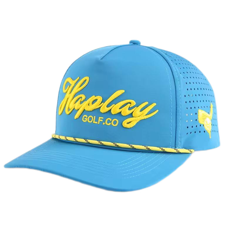 Casquettes de baseball en plein air brodées en 3D avec des bandes tissées sur le devant et des trous laser à l'arrière
